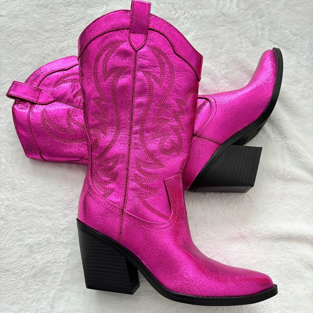 NINE WEST Keeks Metallic Pink Western Cowboy Boots--NEW--6.5